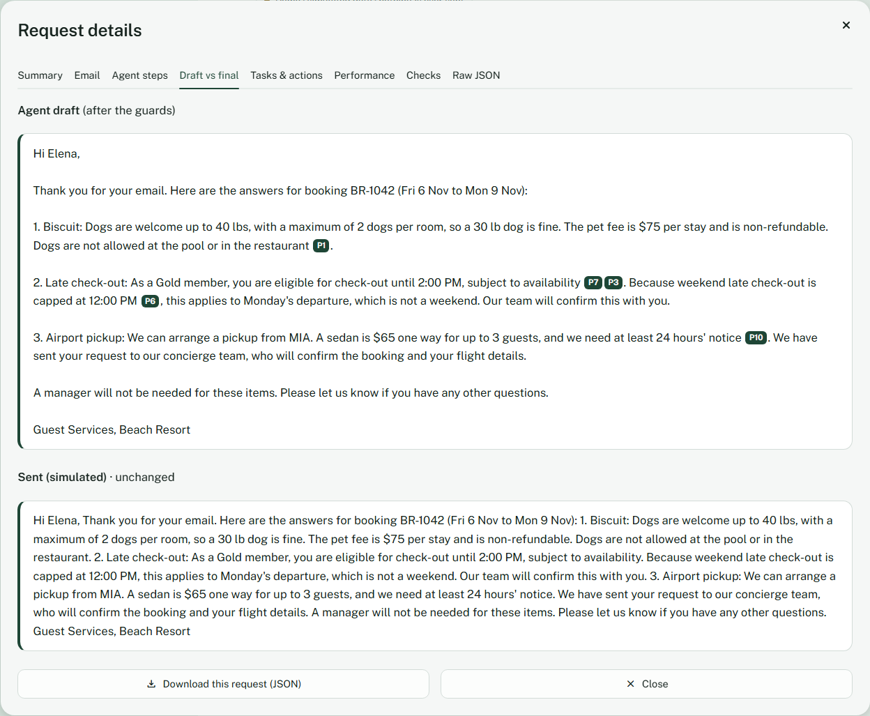 The owner's Request details dialog: the agent's draft and the text staff actually sent, with the added sentence underlined
