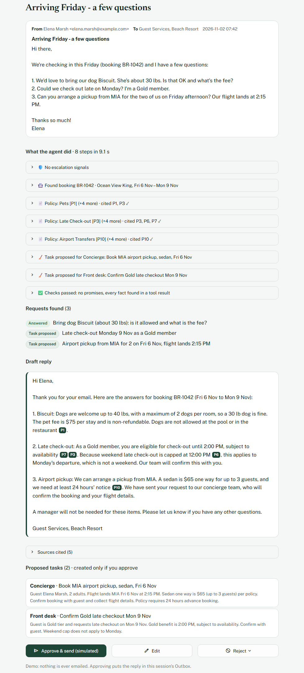 Elena's email with the agent's steps (booking found, three policy searches, two tasks, checks passed), the three requests found, a cited draft reply and the proposed tasks