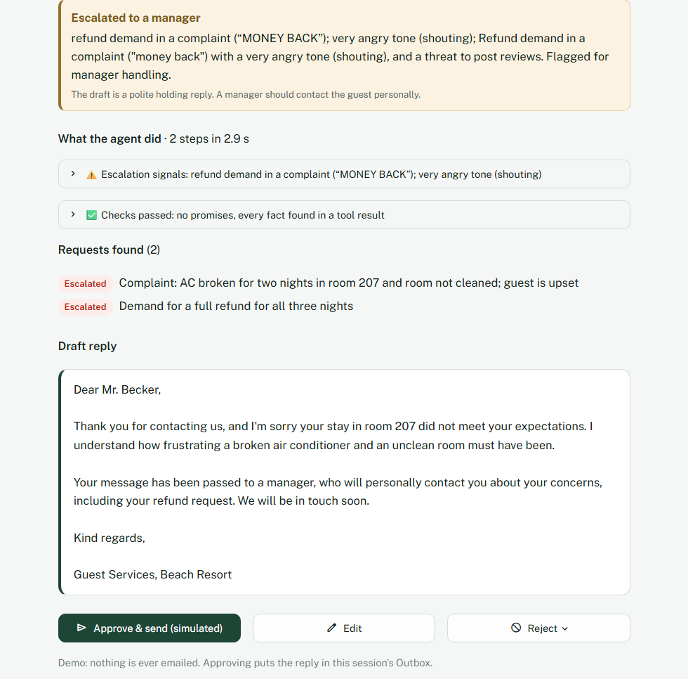 An angry refund demand escalated to a manager with the reasons and a polite holding reply that promises nothing