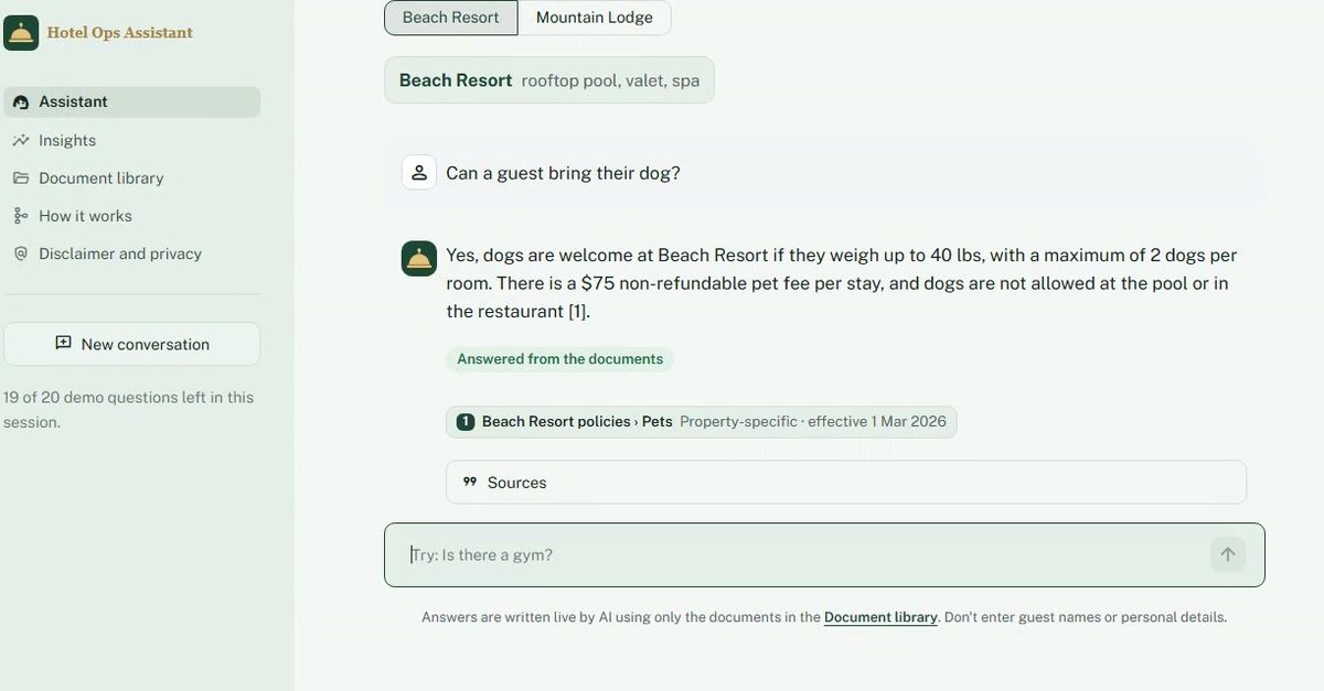 The live Hotel Operations Knowledge Assistant answering whether a guest can bring their dog at Beach Resort, with a citation and its source